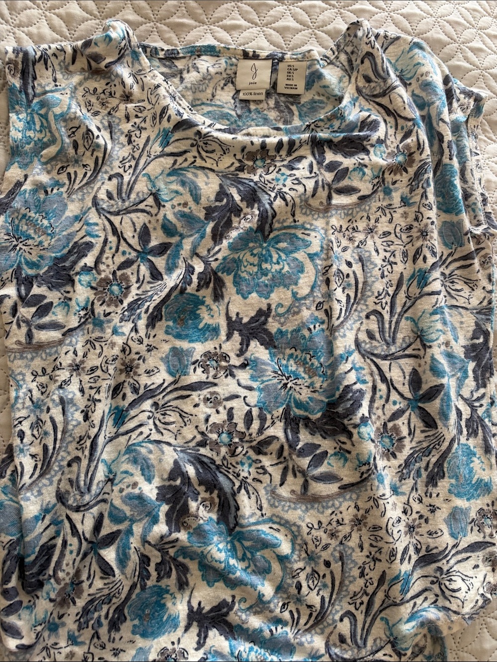 J. Jill Cream Floral Tee with Teal & Gray Blossoms